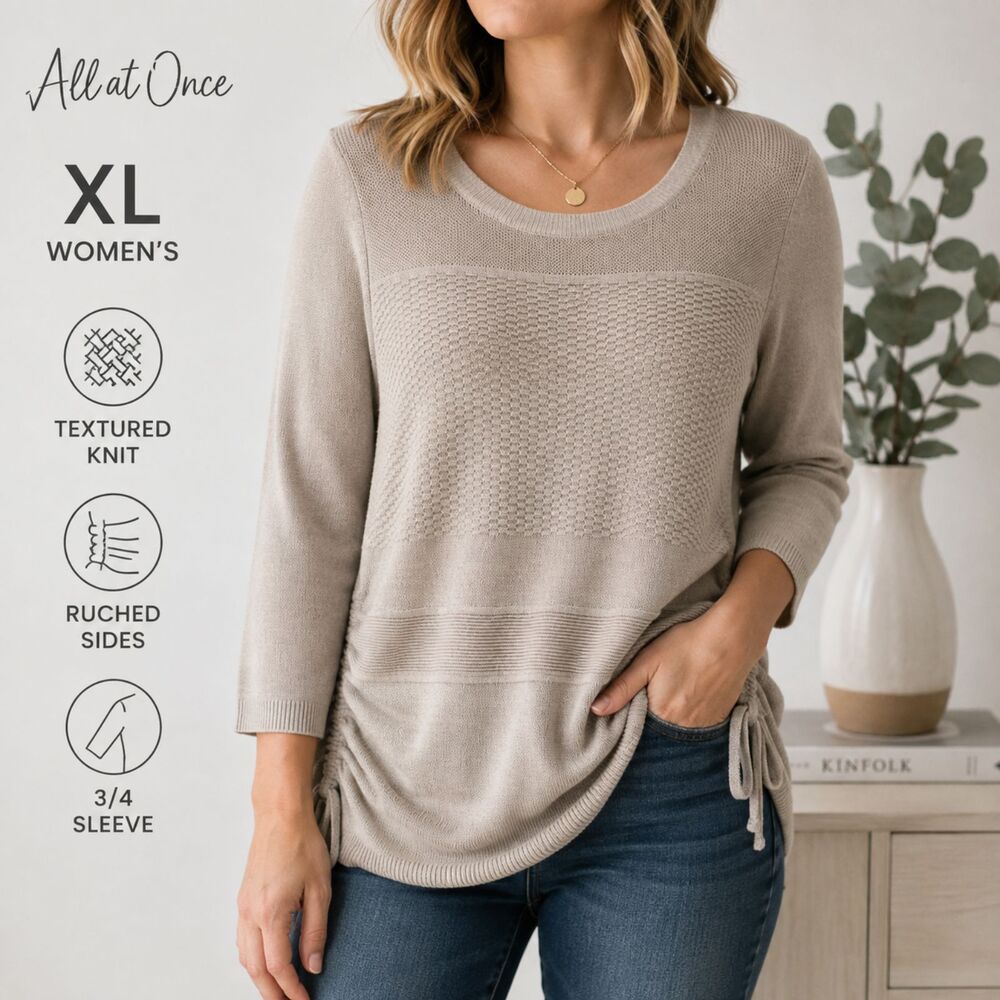 All At Once Textured Knit Sweater XL Beige Ruched 3/4 Sleeve Tunic Top